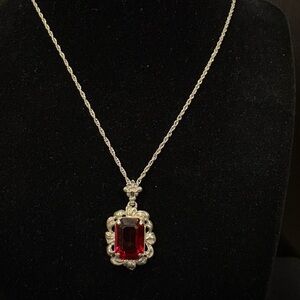 Sterling Silver Pendant with Deep Red Emerald-Cut Synthetic Stone